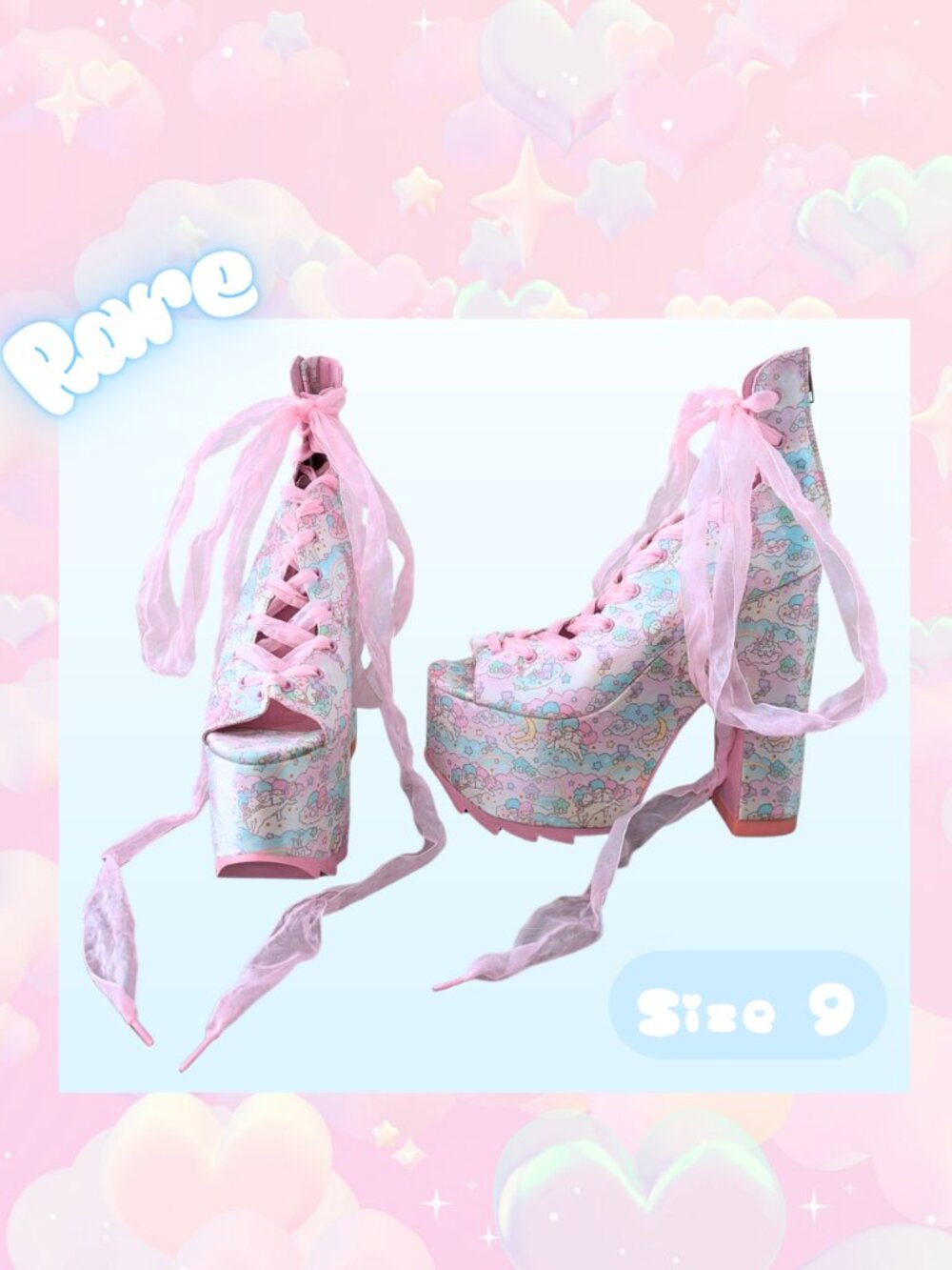 Y.R.U. x Sanrio Pastel Lace Up Platform Heels Size 9 Rare Kawaii Y2K Rave